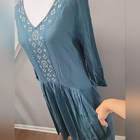 Garnet Hill Dress Womens 4 Teal Green Embroidered Boho Pockets - Picture 3 of 7